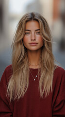 Fototapeta premium A woman with long blonde hair is wearing a red sweater and necklace