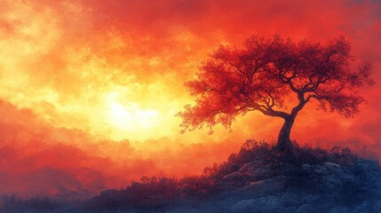 Fiery sunset silhouettes lone tree atop hill
