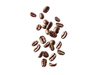 Falling roasted coffee beans isolated on transparent background