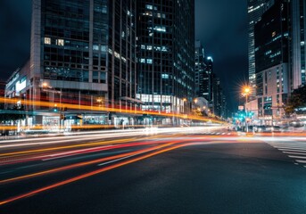 Fototapeta premium Night cityscape with light trails from moving vehicles in a bustling urban area