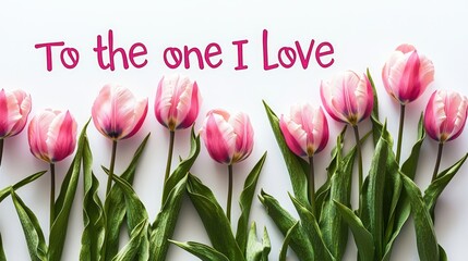 "To the one I love" written with soft tulips beside on white background