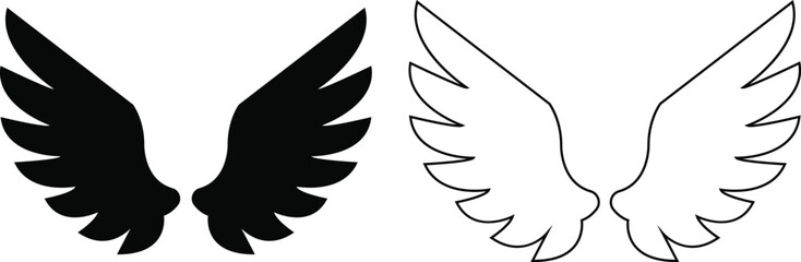 Wings with long feather icon in line and flat set. isolated on transparent background.