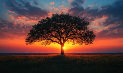 Silhouetted tree sunset fiery sky tranquil field