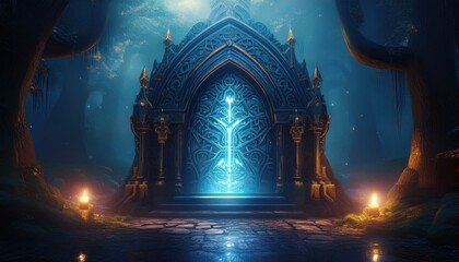 A hidden mystical portal glows in a dark, enchanted forest, beckoning explorers at twilight.