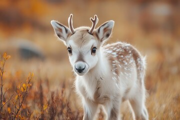 Obraz premium Adorable Baby Reindeer Rising in the Boreal Autumn Landscape of Northern Mongolia