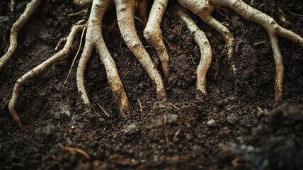 Fototapeta premium Close-up View of Plant Roots Growing Through Rich Dark Soil in Natural Environment