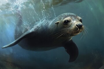 Fototapeta premium Graceful Sea Lion Gliding Through Crystal-Clear Ocean Waters