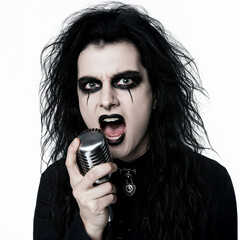 A goth singer singing into a vintage microphone