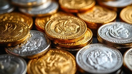 Gold and silver coins stacked high, gleaming wealth.