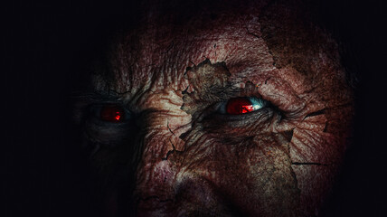 The Haunting Gaze of an Ancient Demon with Glowing Red Eyes