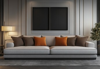 Fototapeta premium Elegant Gray Living Room with Blue Patterned Sofa and Modern Decor