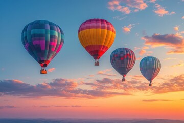 Fototapeta premium Colorful hot air balloons soar sunset sky