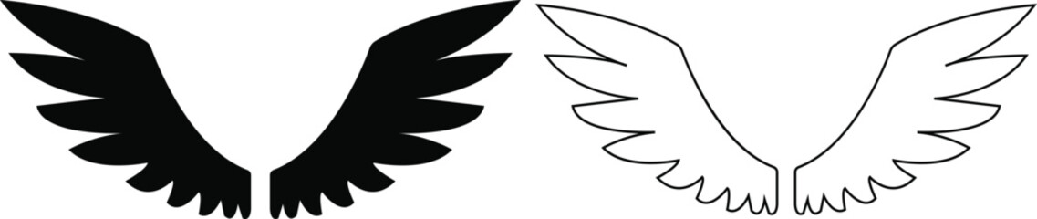Wings with long feather icon in line and flat set. isolated on transparent background.