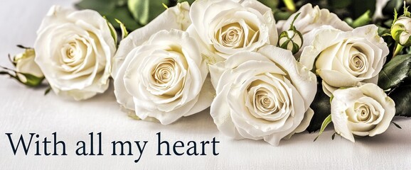 "With all my heart" beside white roses placed elegantly on white