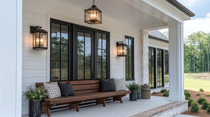 White Farmhouse Porch with Wooden Bench
