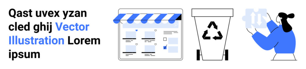 storefront website next to recycling bin and person sorting recyclable glass jars. Ideal for sustainability, e-commerce, eco-friendly business, online stores, recycling, green practices, waste