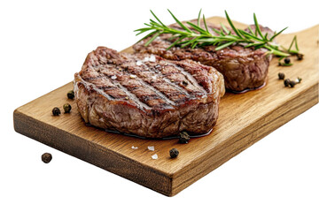 Fototapeta premium Steak on a wooden board, grilled beef steak with rosemary and salt, isolated on a white background