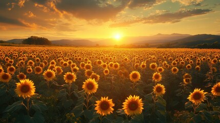 Obraz premium Golden sunset illuminates vast sunflower field.