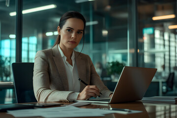 Successful Female Entrepreneur in an Elegant Office Space, Analyzing Data and Taking Notes