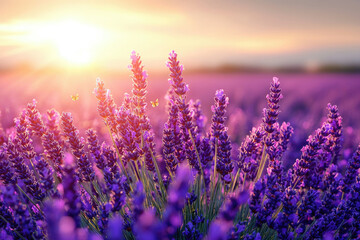 Lavender field at sunset with butterflies, serene and beautiful.