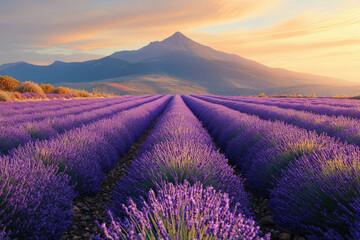 Lavender fields stretching towards a majestic mountain at sunset, creating a breathtaking view.