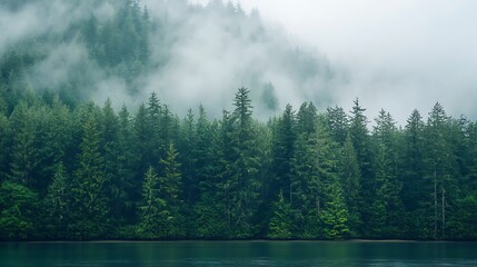 Misty mountain forest reflected in calm water.