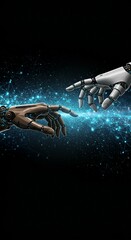 Fototapeta premium Artificial intelligence reaching out to human innovation concept. Robot hands touching in digital cyberspace for future technology ideas and connection creation