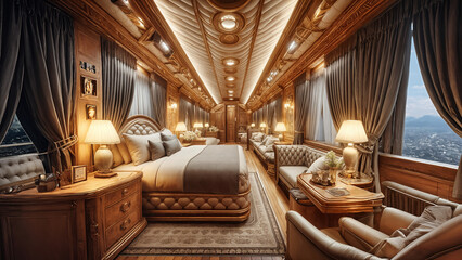 Fototapeta premium Inside the train's bedroom, the interior is decorated in a luxurious style.