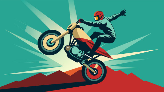 A fearless rider shocks the audience with a Rock Solid maneuver holding onto the bike with only one hand.. Vector illustration