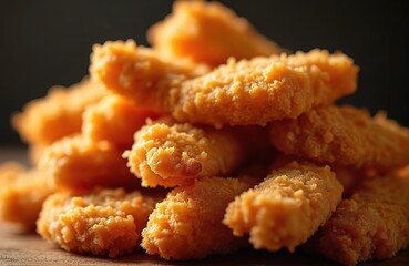 Close up of golden crispy chicken tenders served as fast food snack. Breaded poultry juicy, delicious finger food with crunchy texture. Party food, tasty lunch dinner. Fried tenderloin protein,