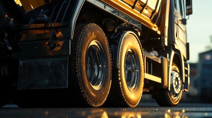 A large truck is parked on a wet road. The tires are shiny