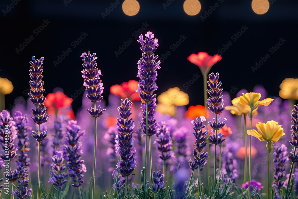 Poster vibrant lavender and colorful flowers bloom in a field bathed in soft light.