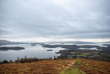 Landscape photography of lake Loch Lomond, national park, mountains, moody sky, forest, winter, Luss, Scotland