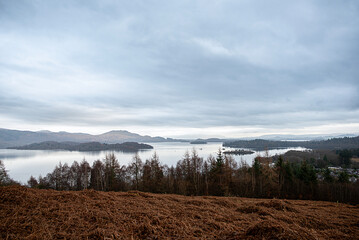 Landscape photography of lake Loch Lomond, national park, mountains, moody sky, fores, winter, Luss, Scotland