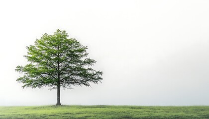 Fototapeta premium A solitary green tree on a grassy meadow field landscape