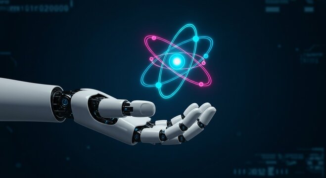 Robot hand holding glowing atom model. Artificial intelligence in science and research. Futuristic hi tech and innovative technology solutions for education