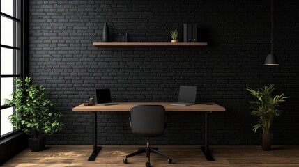 Dark Modern Office Desk, Brick Wall, Plants