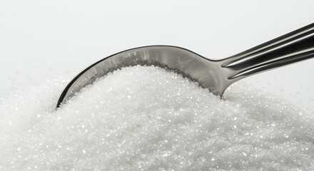 A shiny metal spoon resting in fine white sugar, detailed texture, soft shadows, high-resolution close-up