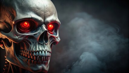 A close-up of a skeleton's skull with glowing red eyes and sharp teeth, set against a dark and ominous background , skeletons