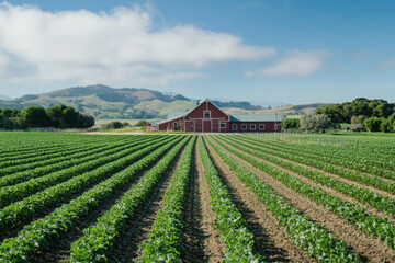 Red barn surrounded by lush green fields, with rows of crops extending towards distant hills under a clear blue sky.
