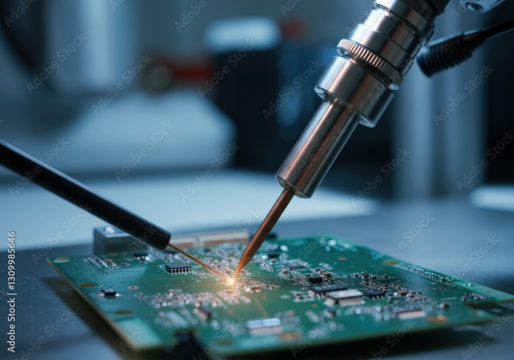 Poster soldering a circuit board with precision tools in a workshop setting