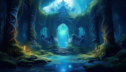 Stone structures with glowing vines unveil a mystical, light filled underwater grotto.