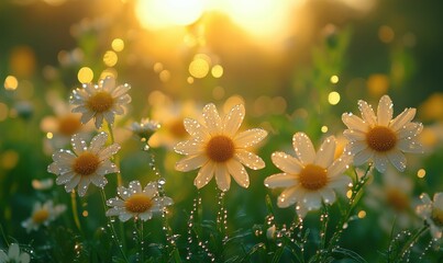 Dew-kissed daisies gleam golden sunset light