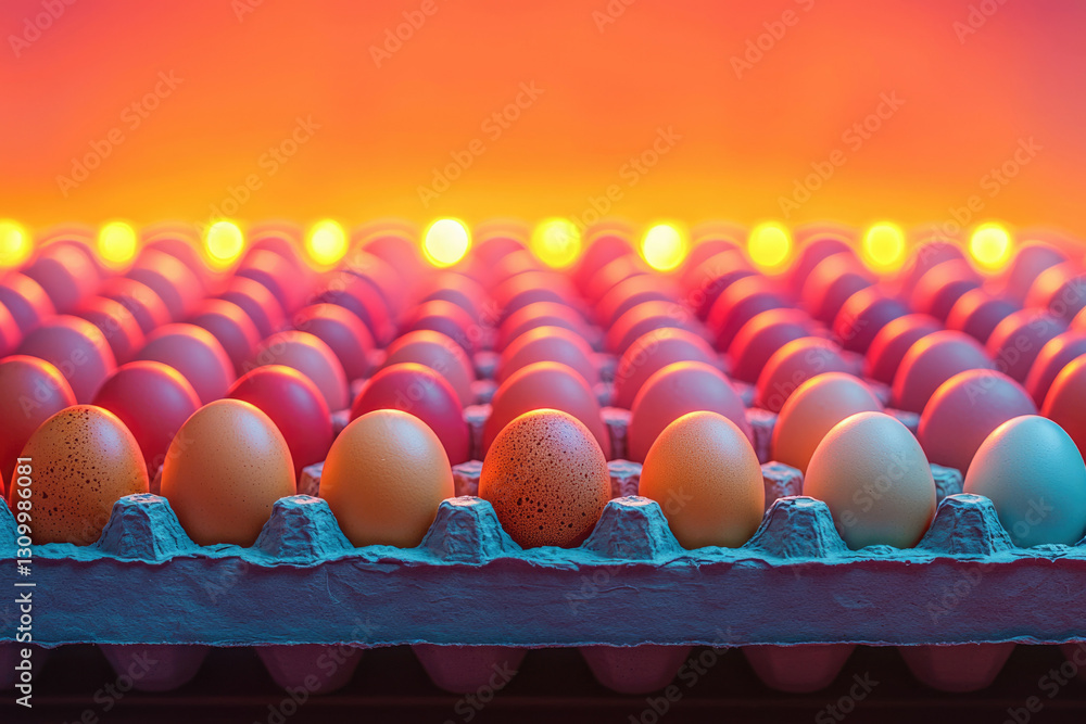 Poster A carton of colorful eggs illuminated by warm lights, creating a vibrant and visually appealing scene.