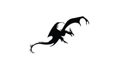 Black flying dragon silhouette isolated on white background
