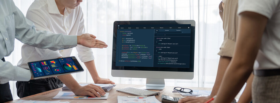 Software development programming on computer screen for brisk application and program coding