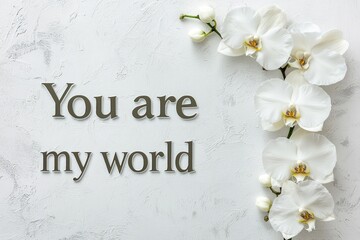 "You are my world" written with white orchids placed on white