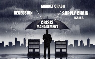 Navigating the Storm: A silhouette of a figure holding an umbrella labeled "Crisis Management," shielding against the downpour of "Recession," "Market Crash," and "Supply Chain Issues.