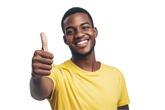Young African American man in a yellow t-shirt showing a thumbs-up gesture, isolated on a white background