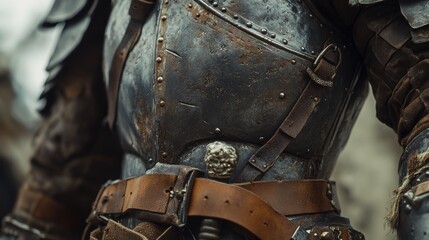 A person is wearing a medieval style armor with a silver coin on the belt. The armor is old and worn, giving it a sense of history and adventure
